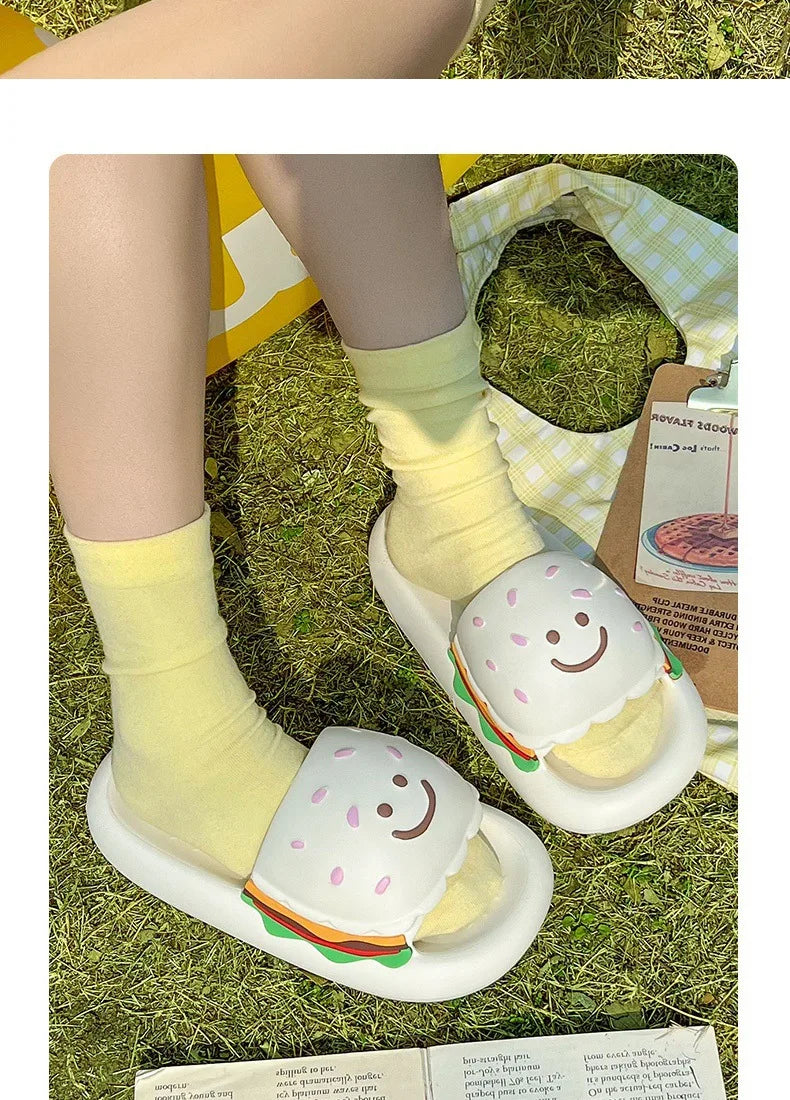 CartoonCutesy3D Sesame Burger Slippers for Women, Summer Outdoor & Home Wear, Anti-Slip Thick Soles, Flat Back Slides,Flip Flops