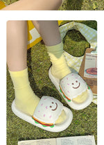 CartoonCutesy3D Sesame Burger Slippers for Women, Summer Outdoor & Home Wear, Anti-Slip Thick Soles, Flat Back Slides,Flip Flops