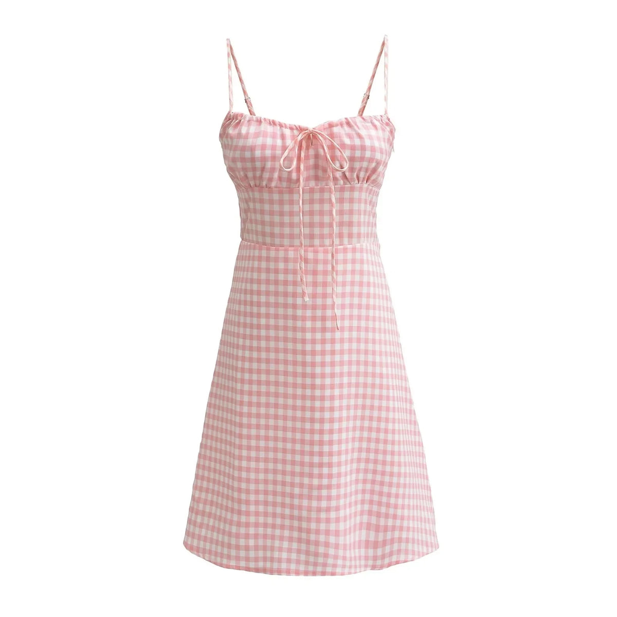 Foridol Spaghetti Strap Tie Up Plaid Dress Women Summer Beach Midi Sundress Strapless Retro Pink Short Vestidos Female Dress
