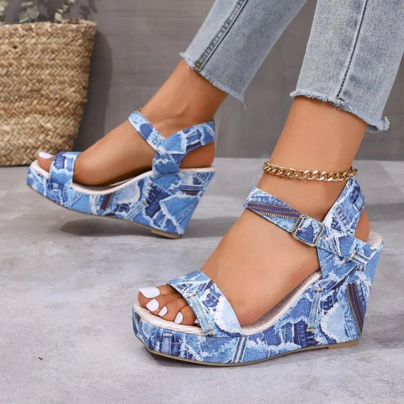2026 New Women's Wedge Sandals Fashion Floral Printed Canvas ShoesCasual Sandals
