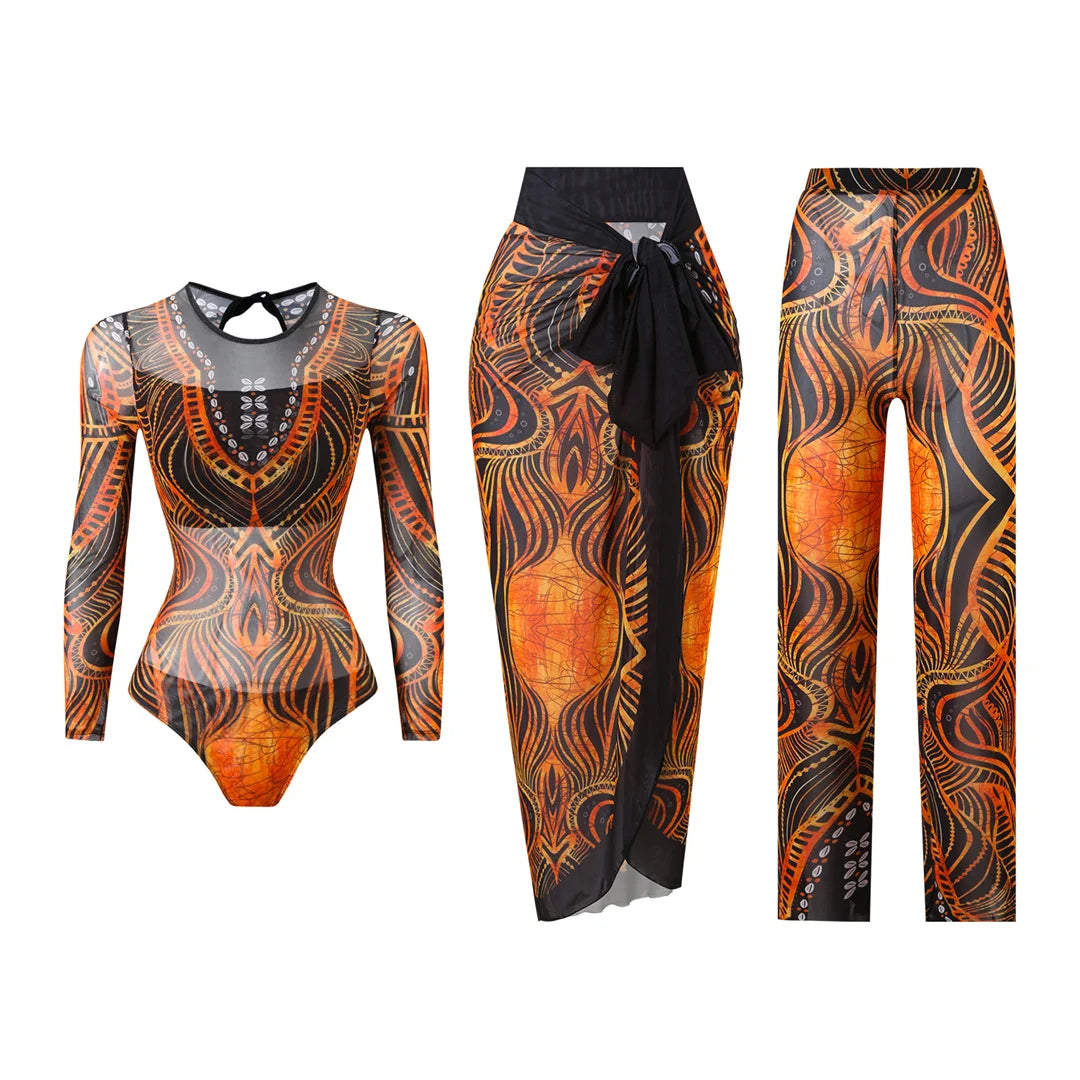 S - XXL 3PCS New Printed Long Sleeve With Pants Sarong Women Swimwear One Piece Swimsuit Female Bather Bathing Suit Swim V7180