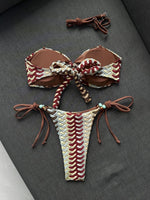 Sexy Coffee Striped Micro Bikini 2026 Women Bandeau Metal Shell Push Up Bra Bandage Thong Swimwear Beach Bathing Suit Swimsuit