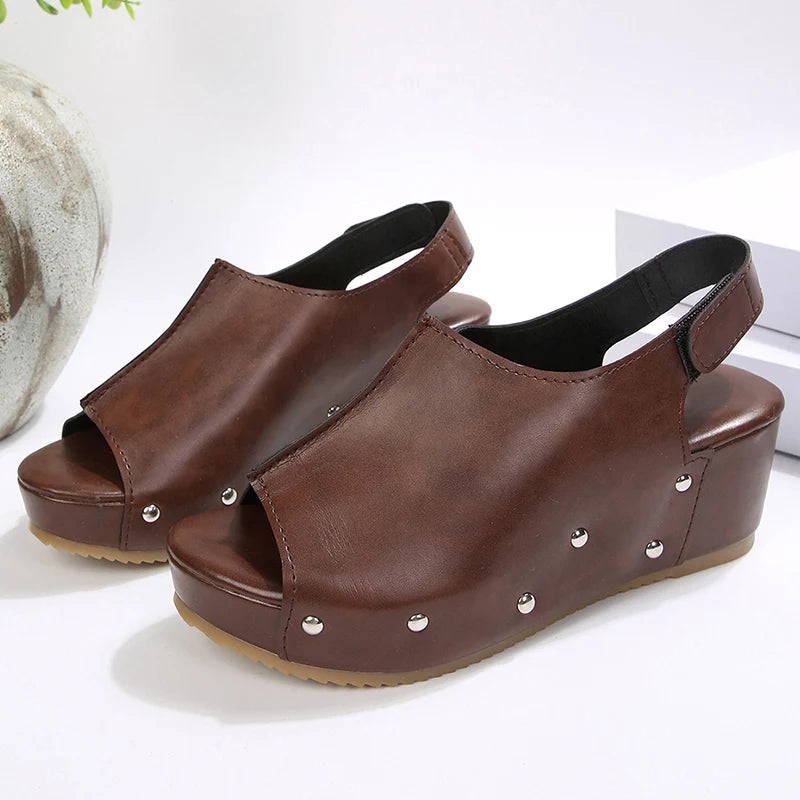 Black Pu Leather Wedge Heel Sandals Women Rivets Back Strap Platform Sandles Woman Plus Size 43 Thick Sole Rome Sandalias Mujer