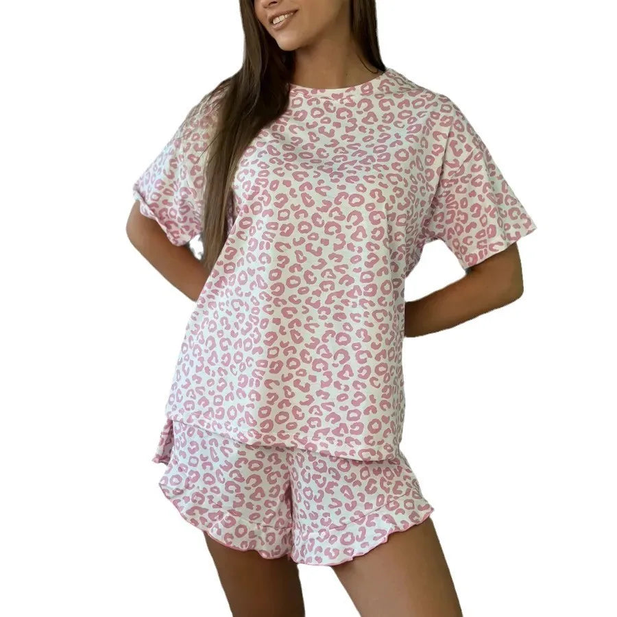 2025 New Women's Pajama Set T-shirt Shorts 2-piece Set Soft and Comfortable Shorts Ruffled Underwear Leopard Pattern Pajama Hot