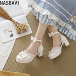Girls Women 2026 Lolita Square Heeled Leather Single Shoes White Bow Lolita Mary Janes Summer Buckle Strap Sandals Dress Shoes