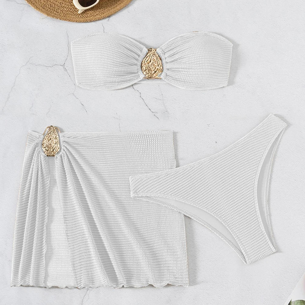 Brown Solid Swimwears Strapless Bandeau Bikinis Sets 3 Pieces Cover Up Sexy Swimsuit Woman 2026 Metal Buckled Bikini Beachwear