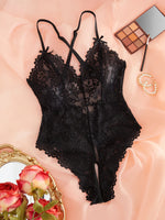 Black deep V lace one-piece halter top with sheer fitted floral mesh fabric for a sexy undergarment set. 21077