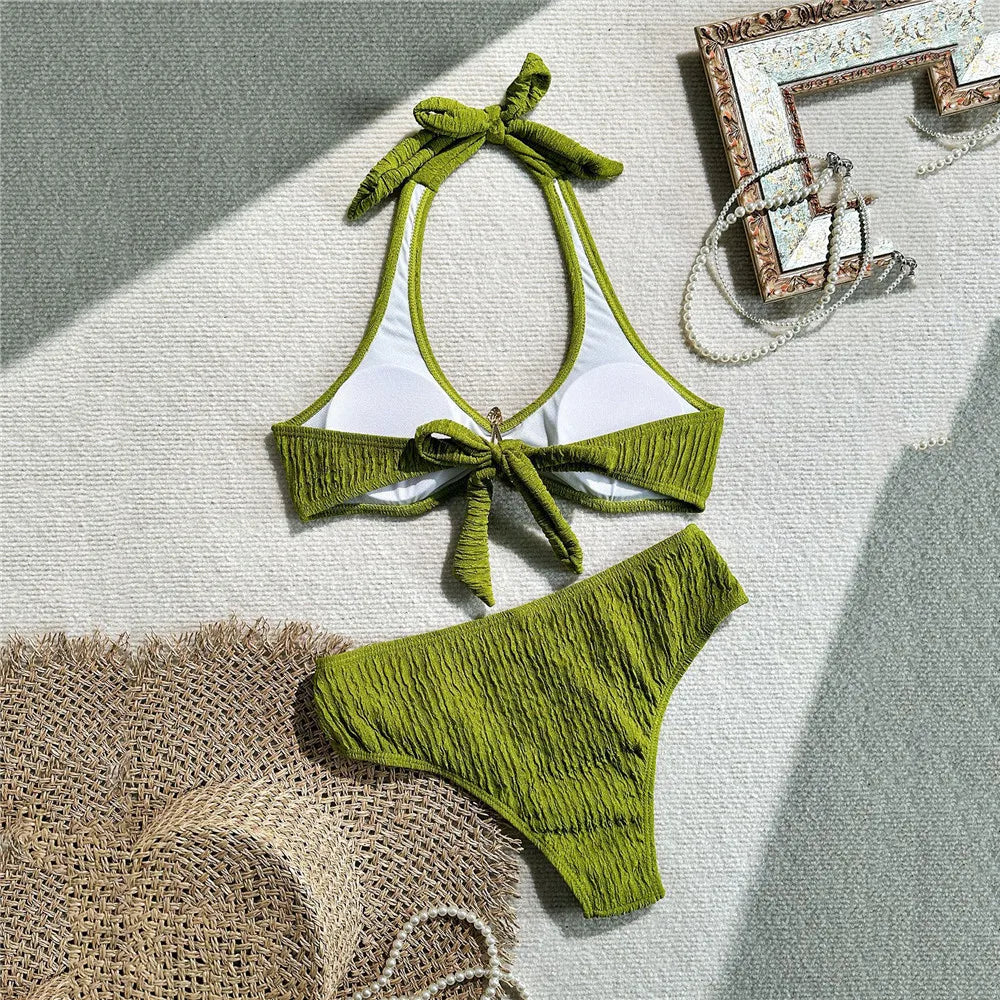 Solid Green Swimwears Metal Starfish Sexy Halter Bikinis Sets Swimsuit Woman 2026 Bathing Swimming Suit Brazilian Bikini Mujer
