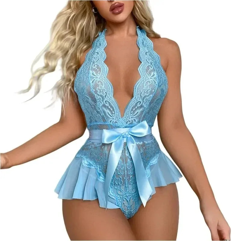 Hot Erotic Open Crotch Bodysuit Dress Women Sexy Lingerie Babydoll Costume Backless Halter Bodystocking Underwear Sex Clothes