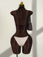 Sexy Beige Contrast One Piece Swimwear Women Deep V Neck Hollow Out Bakcless Thong Bikini Beach Bathing Suit Swimsuit 2026