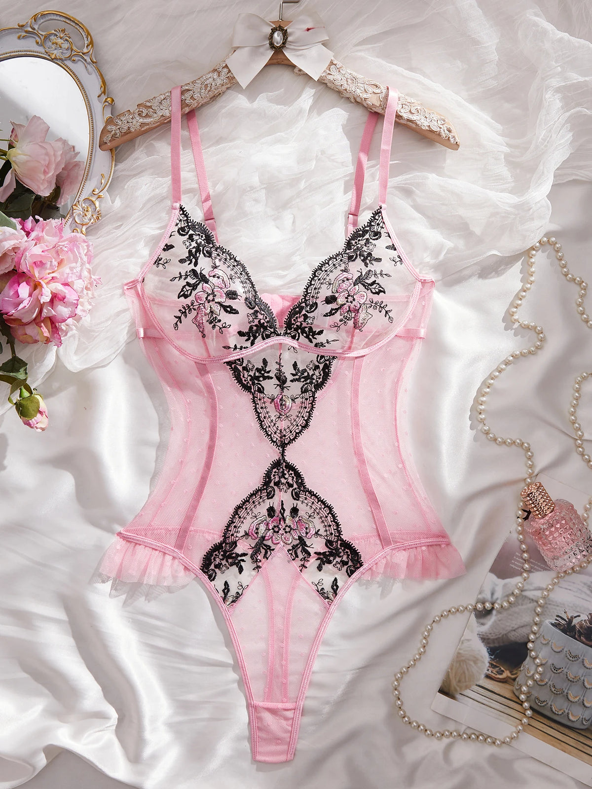 Pink Lace Embroidery Jumpsuit with Black Floral Lace Paneling High-Waist Triangle Pant Design Romantic French Sexy Underwear