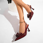 Sexy Wine Red High Heel Sandals Women Bowknot Pointed Toe Stiletto Heels Mules Shoes Woman Fashion Slip On Party Dress Shoes
