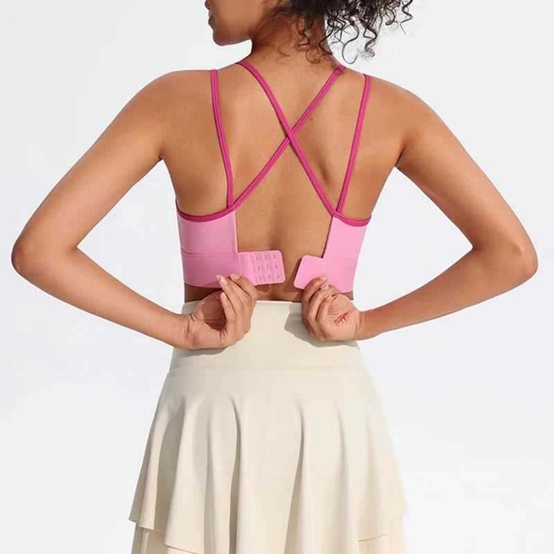Women's Beautiful Back Contrasting Sports Bra Integrated Buckle Yoga Top Fitness Bra Supportive Active Wear