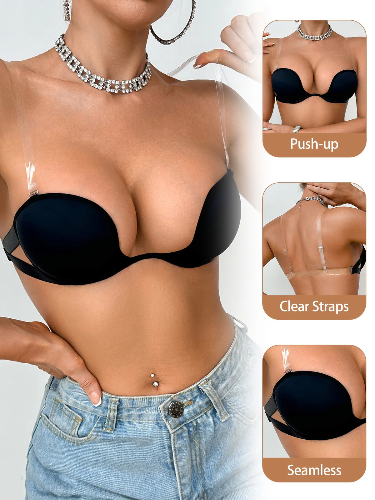 3/4 cup fashionable sexy hot and beautiful back invisible black bra with adjustable shoulder straps Push-up bra MR3489