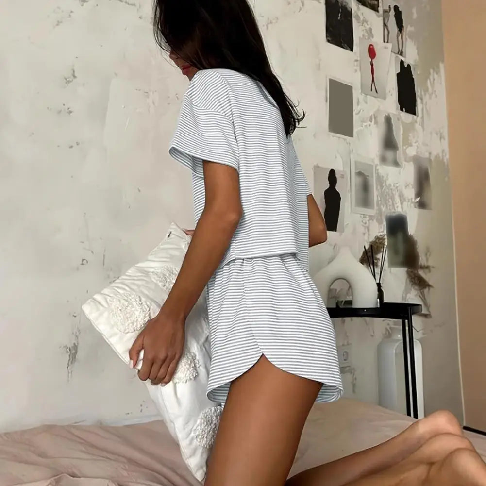 2 Pcs/Set Summer Sleepwear For Women Striped Printed Homewear Top Pants Suit Loose Short Sleeve T-shirt Elastic Waist Shorts