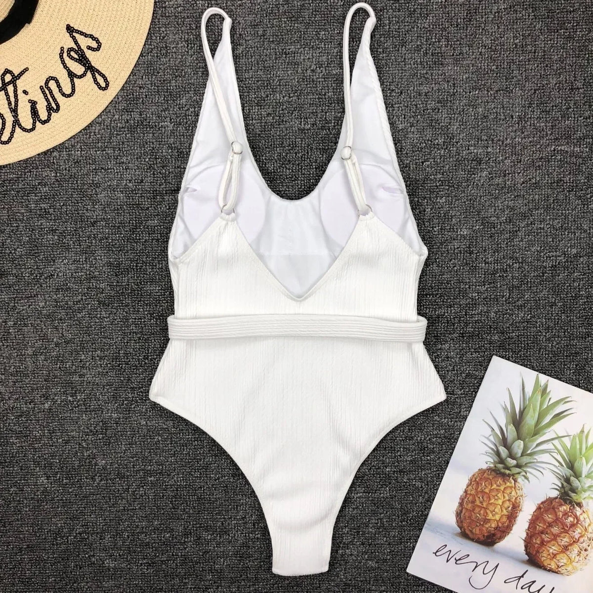V Neck Ribbed High Leg Cut Women Swimwear One Piece Swimsuit Female Backless Monokini Bather Waist Belt Bathing Suit Swimwear