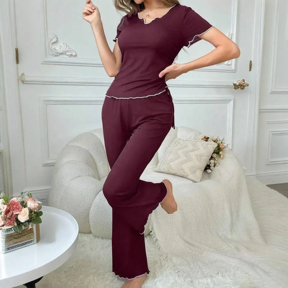 2Pcs Summer Women Pajama Set Slim Fit Short Sleeves V Neck Top Elastic Waist Long Pants Trousers Ladies Sleepwear Loungewear