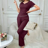 2Pcs Summer Women Pajama Set Slim Fit Short Sleeves V Neck Top Elastic Waist Long Pants Trousers Ladies Sleepwear Loungewear