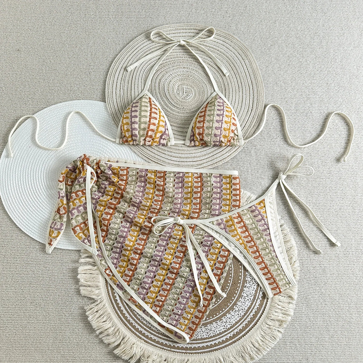 Sexy Colorful Striped Bikini Set Women Push Up Bra Thong Swimsuit 2026 Summer Bathing Suit Beach Mesh Cover Up 3 Piece Swimwear