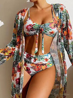 2024 Luxury Sexy High Waisted Bikini Three Pieces Floral Printed Swimsuit Women Bikini Set With Mesh Long-Sleeved Blouse Female