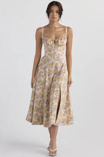 Sexy Low Cut Spaghetti Strap Maxi Dresses For Women Color Flower Printed Chest Wrap Bowknot Leace-up Long Dress Elegant Vestidos