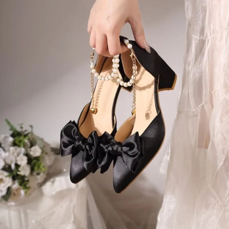 2026 New Pointed Toe Pearl French Heels Block Heel Bow Single Shoes Red Wedding Shoes