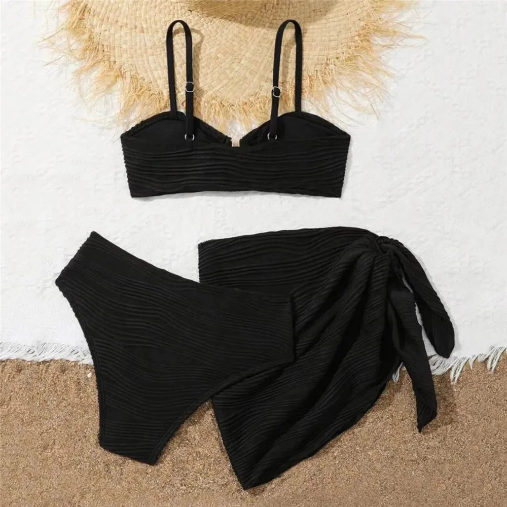 Beige Texture Solid Swimwears 3 Piece Bikini Set Cover Ups U Shapped Sexy Swimsuit Women 2026 Bathing Suit High Waist Bikinis