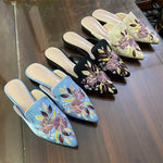 2026 Big Size 43 Summer Women's Blue Mules Slipper Sandals with Silk Flowers Embroidery Comfy Walking Slide Flat Satin Shoes