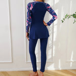 Muslim Swimwear Burkini Sets for Women Black Floral Print Zipper Long Sleeve Top Long Panties Sports Swimsuit Bathing Suit