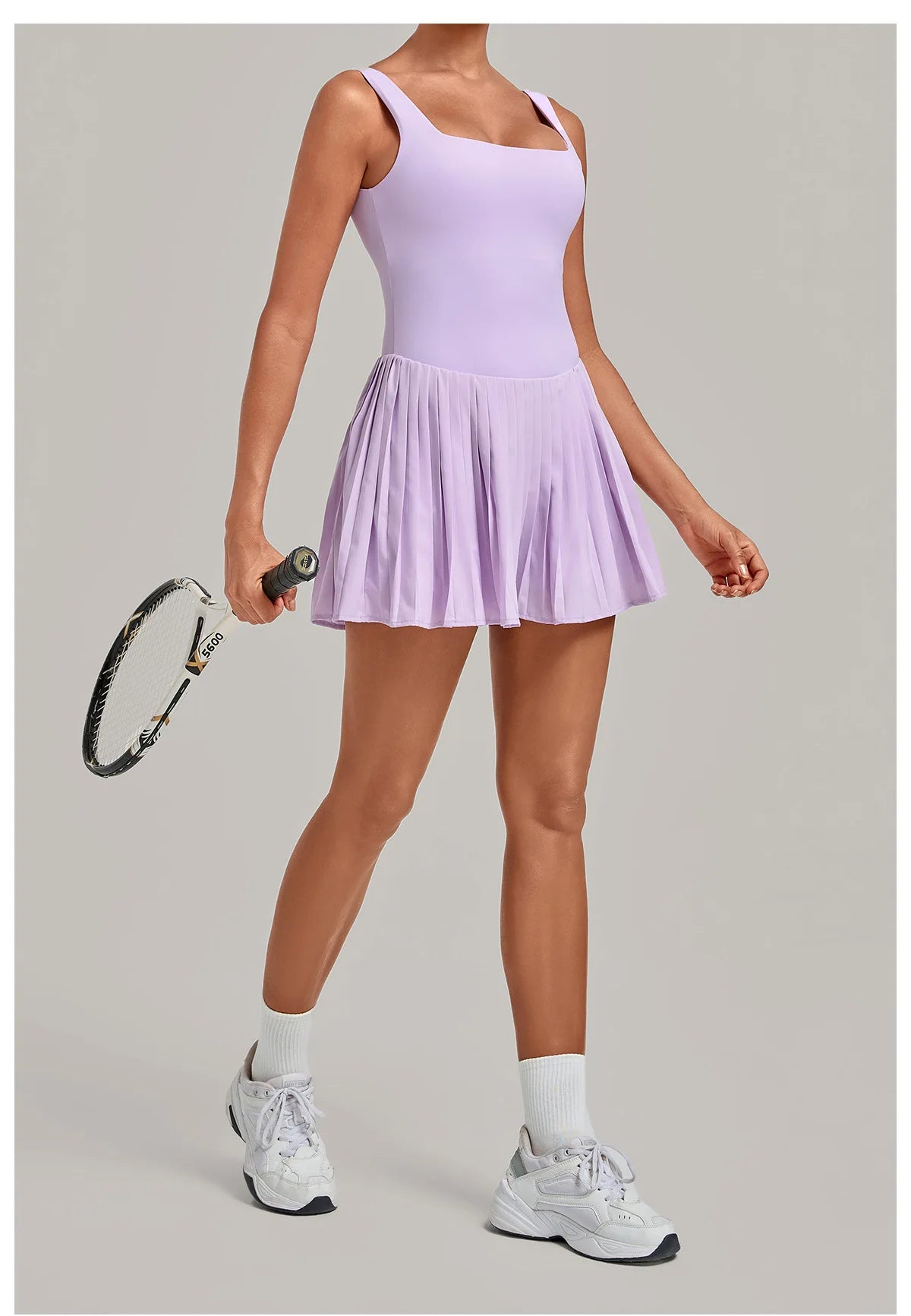 Naked Fake Two Piece Tennis Dresses with Pocket Bottom Women Back Hollow Out Pleate Skirts Outwear Square Collar Golf Yoga Dress