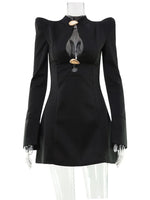 Ahagaga Elegant Women's Mini Dresses Solid Sexy Bodycon Slim Fit Hollow Out Regular Long Flare Sleeve A Line Trend Casual Female