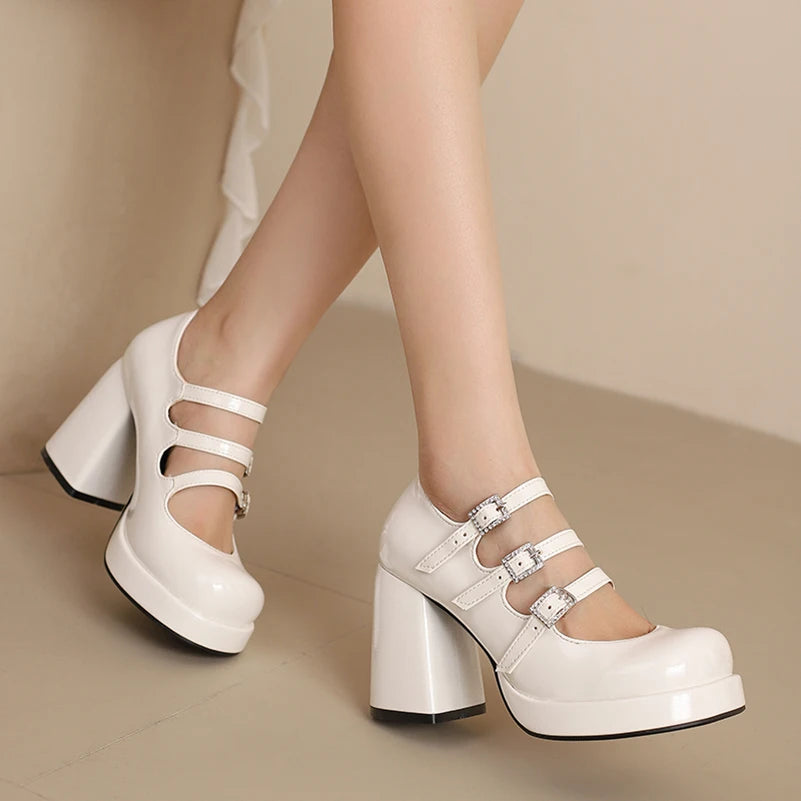 Plus Size Women Red Patent Leather Platform Mary Jane Shoes 3 Rhinestone Buckle Straps Chunky BlockY2K Lolita Party Pumps
