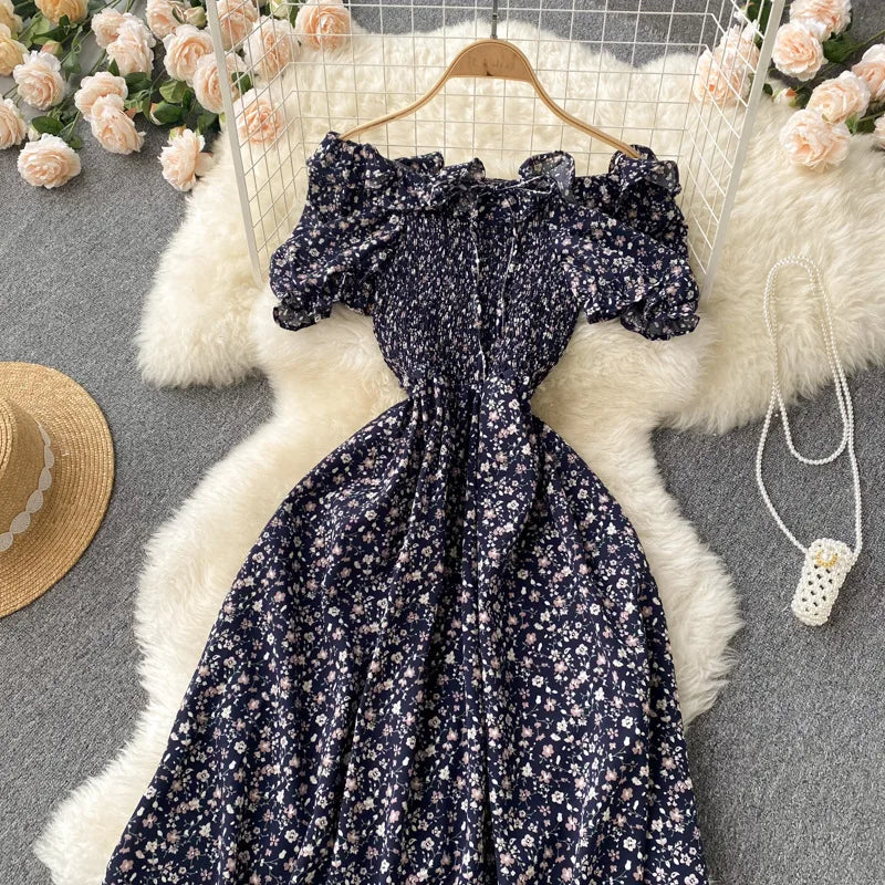 2025 Summer French Vintage Floral Dress Fashion Elegant High-Waisted Drawstring Vestidos Printed Fresh And Sweet Long Dresses