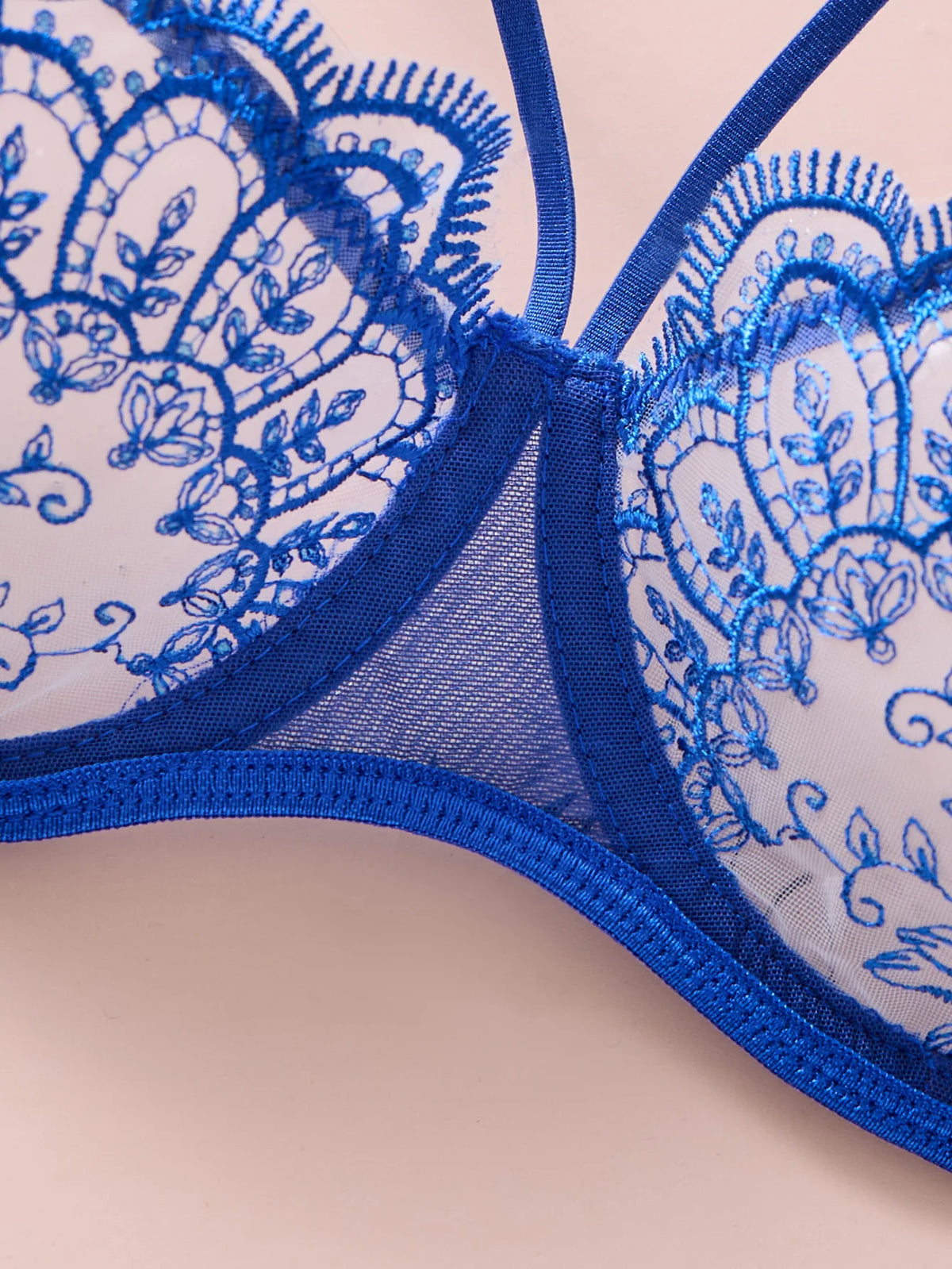 Royal Blue Floral Lace Lingerie Set Sheer Mesh Underwire Bra With Bow & Thong Women Sexy Underwear ZA824057
