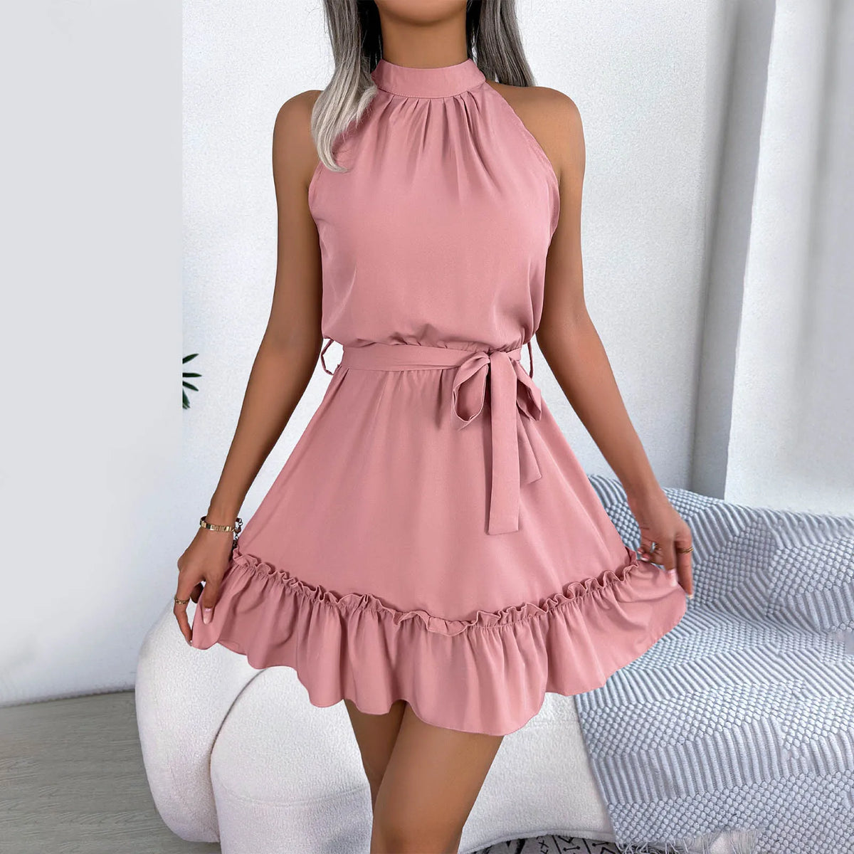 Elegant Halter Mini Dress For Women Solid Color Off Shoulder Sleeveless A Line Summer Dress Tie Waist Ruffled Hem Office Dresses