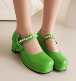 Pearl Beaded High Heels Shoes Ladies Wedding Mary Janes Block Heeled Pumps Woman Hook&Loop Tacones Wedges Escarpins Femme