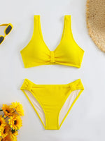 2026 Summer New Women's 2 Piece Swimsuit Solid Color High Waist Bikini Set V-neck Backless Beach Vacation Bathing Suit Swimwear