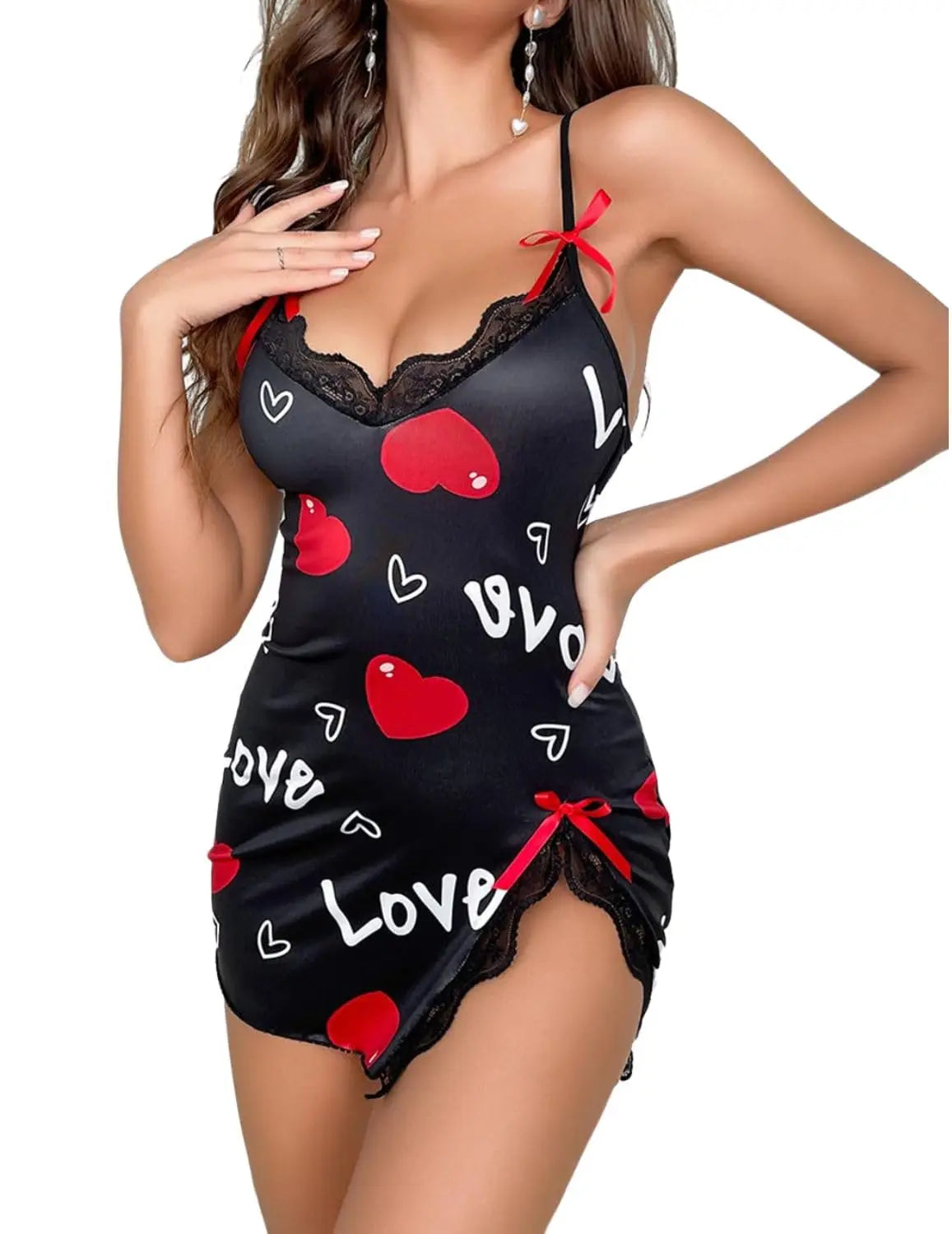 New Sexy Black Nightgown for Women Red HeartLove Print Satin Lace Trim Mini Chemise Adjustable Spaghetti Strap Lingerie