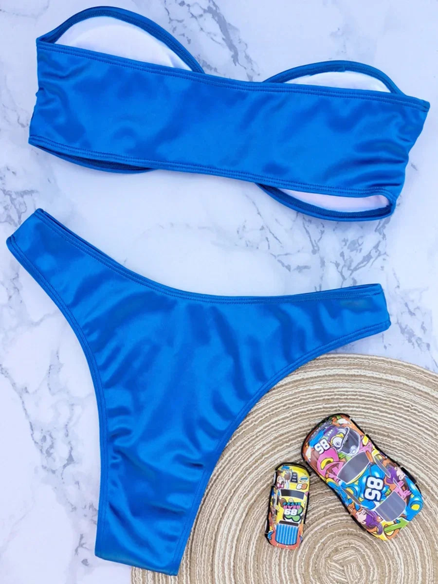 Bandeau Bikinis 2025 Strapless Satin Bikini Female Swimsuit Women Swimwear Two-pieces Bikini Set High Cut Bathing Suit Swim Lady