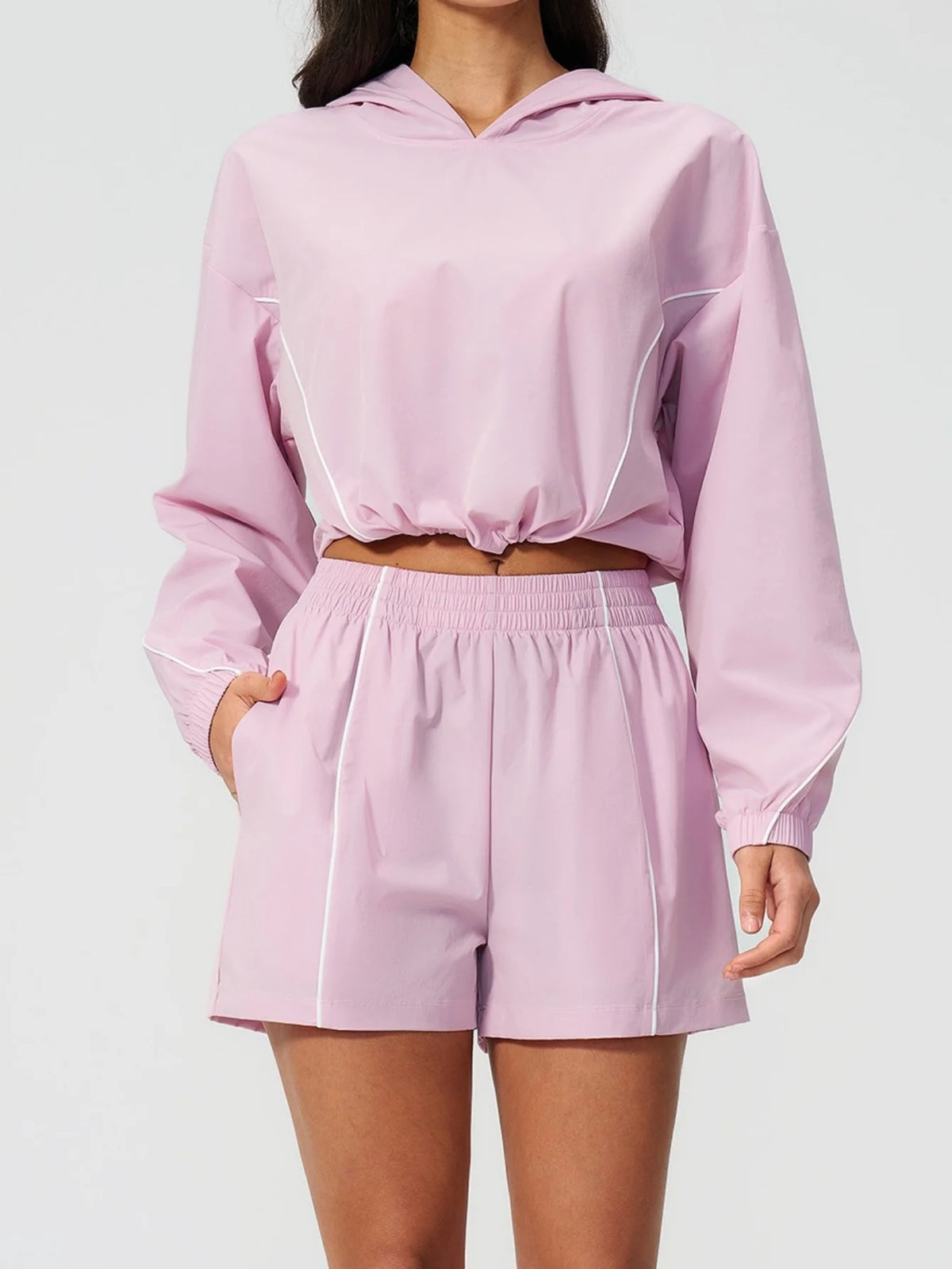 Summer Sun Protection Yoga Suit Women Contrasting Colors Long Sleeve Hoodies Top High Waist Shorts Running Fitness Athletic Wear