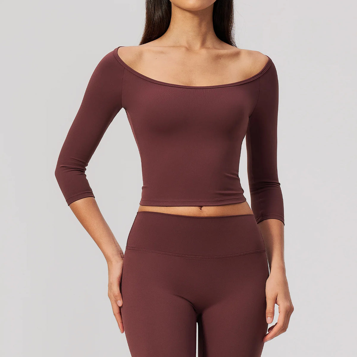 NCLAGEN Yoga Long Sleevetop Women Pilates Gym Clothes Quick Dry Cropped Compression 5/4 Sleeve Fitness Shirt Boat Neck‌ Crop Top