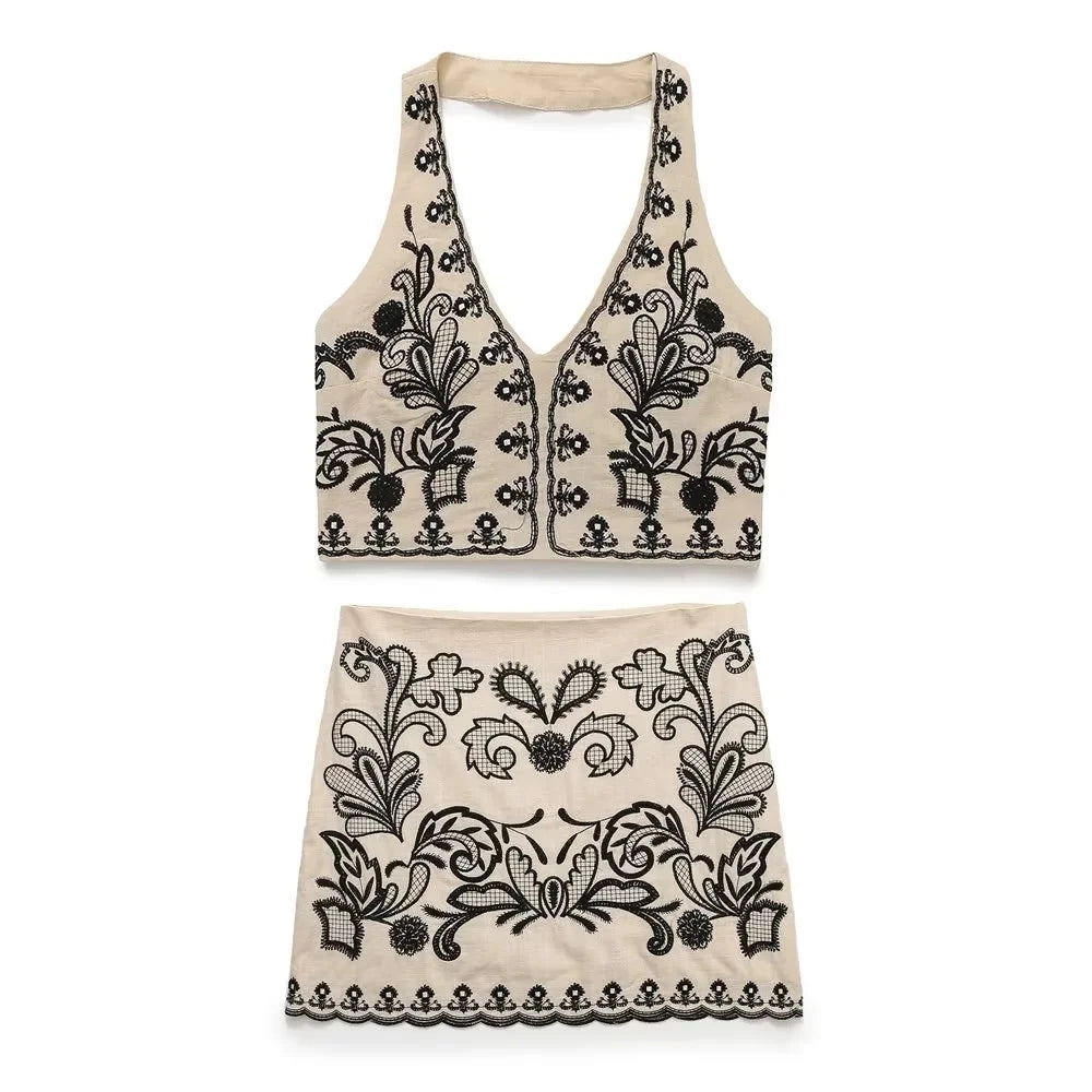 Foridol Floral Embroidery Summer Women Set Crop Top+mini Skirt Matching Set Casual Chic Halter Dress Set 2 Pcs Outfits Beach