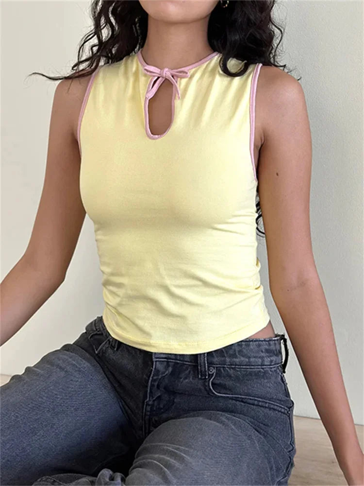 Women's Tank Tops Sleeveless Tie-up Cut Out Crew Neck Vest Summer Cropped Top Camis