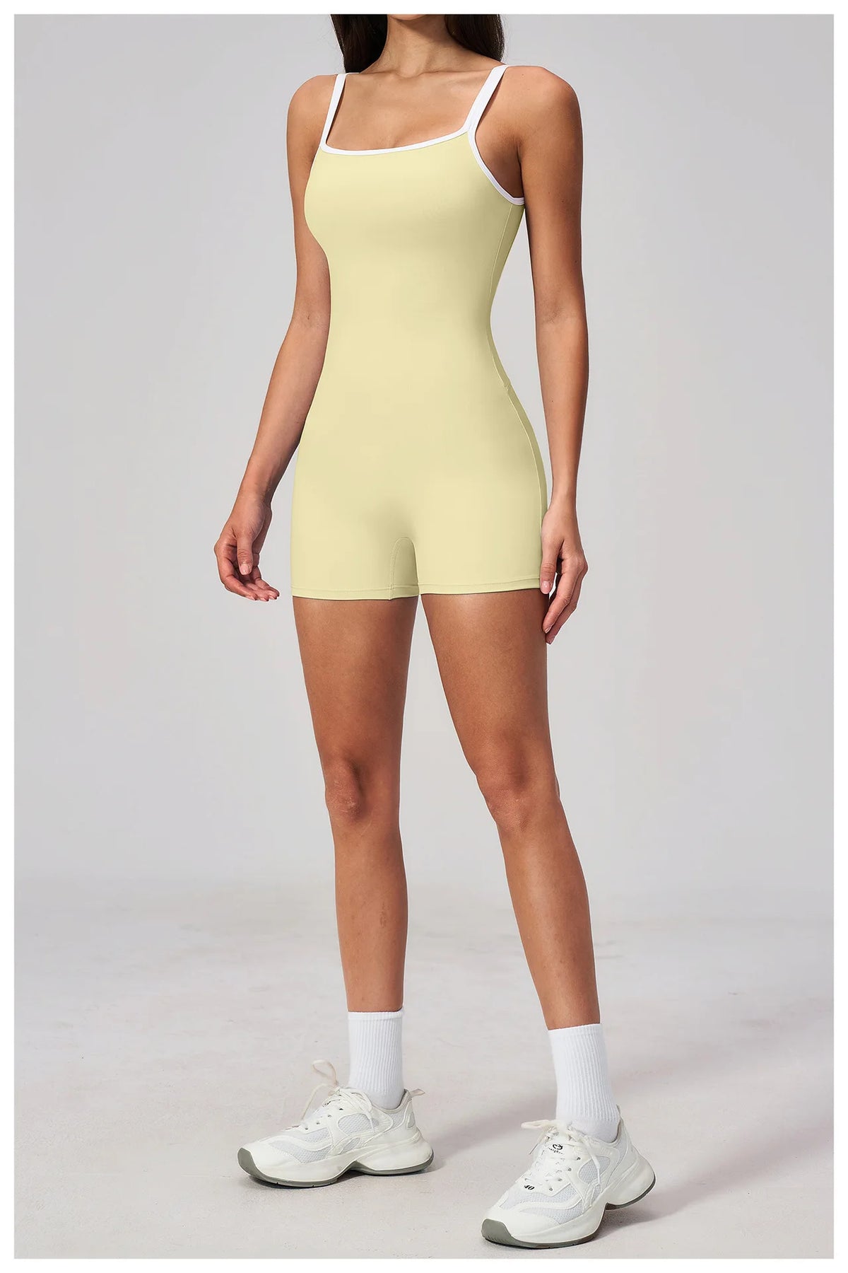 Tight Fitting One-piece Yoga Suit Women Color Bloack Square Collar Hollow Out Backless Butt-Lifting Gym Sports Short Jumpsuit