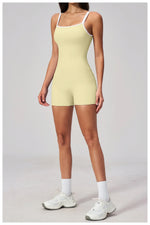 Tight Fitting One-piece Yoga Suit Women Color Bloack Square Collar Hollow Out Backless Butt-Lifting Gym Sports Short Jumpsuit