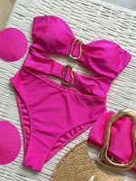 6 Colors Sexy Metal Rings Cut Out Women Swimwear One Piece Swimsuit Female Bandeau High Leg Cut Bather Bathing Suit Swim B027D