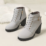Women Lace‑Up Ankle Boots Metal Buckle Decor Side Zipper Chunky Block Heel Lug Sole Combat Short Booties Fall Winter Large Size