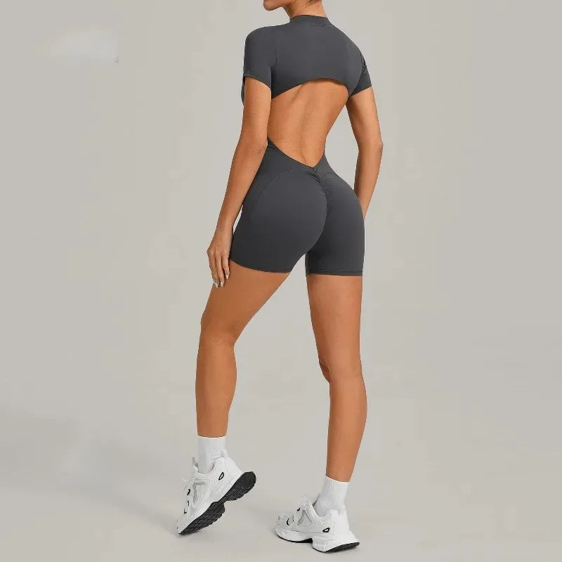 Women's Seamless Yoga Jumpsuits Sports Fitness Beauty Back Slim Fit Short-Sleeves One-Piece Workout Gym Training Bodysuits