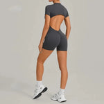 Women's Seamless Yoga Jumpsuits Sports Fitness Beauty Back Slim Fit Short-Sleeves One-Piece Workout Gym Training Bodysuits