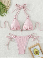Sexy Pink Bikini 2024 Swimsuit Women White Pearl Strap Push Up Micro Swimwear Brazilian Bathing Suit Tie Side Thong Bikinis Sets